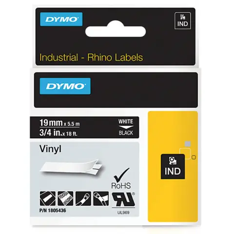 Dymo RHINO taĹ›ma winylowa 19mm biaĹ‚a na czarnym